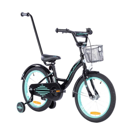 Rowerek dziecięcy 18 cali TOMABIKE z prowadnikiem - PLATINUM - CZARNY-TURKUSOWY