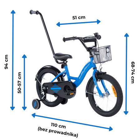 Rowerek dziecięcy 16 cali TOMABIKE z prowadnikiem  - PLATINUM - NIEBIESKI