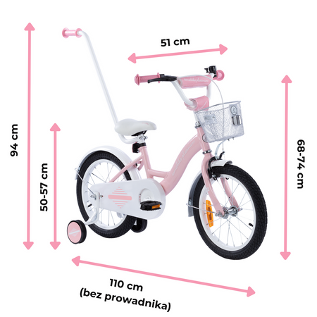 Rowerek dziecięcy 16 cali TOMABIKE XXIV z prowadnikiem- PLATINUM  - JASNY RÓŻOWY