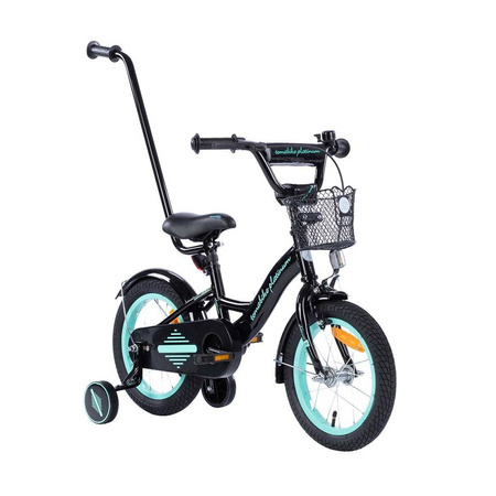 Rowerek dziecięcy TOMABIKE 14 cali  z prowadnikiem - PLATINUM - CZARNO-TURKUSOWY